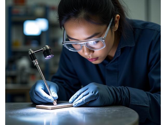 숙련된 기술자가 금속 부품 표면을 육안으로 검사하는 모습