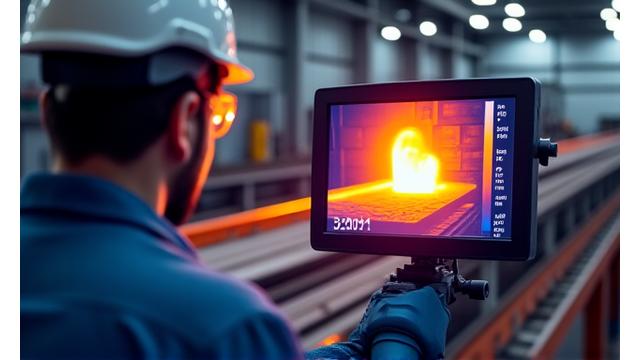 단조 중인 부품을 열화상 카메라로 검사하는 작업자